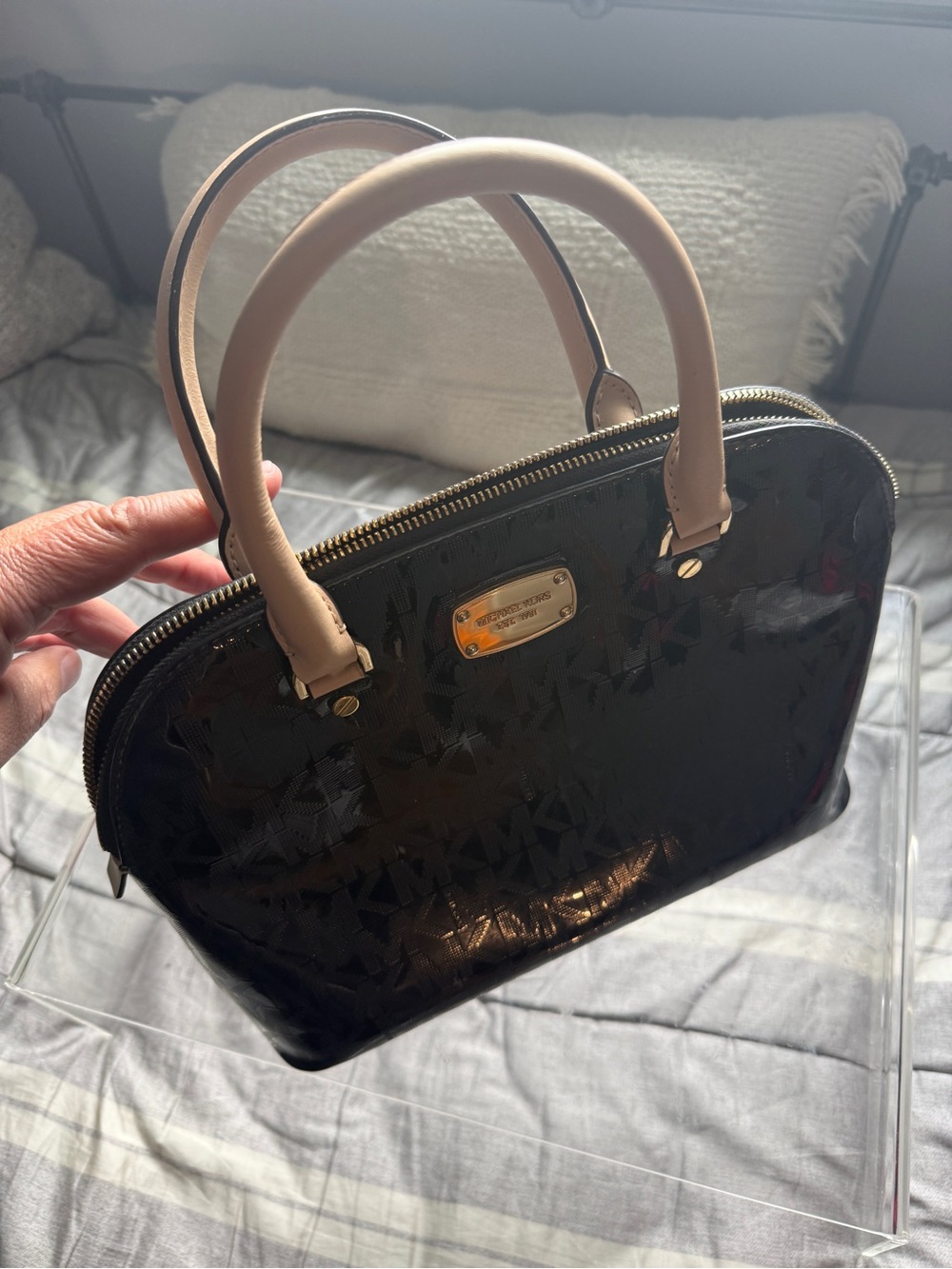 Michael Kors Black Patent Satchel with Beige Handles